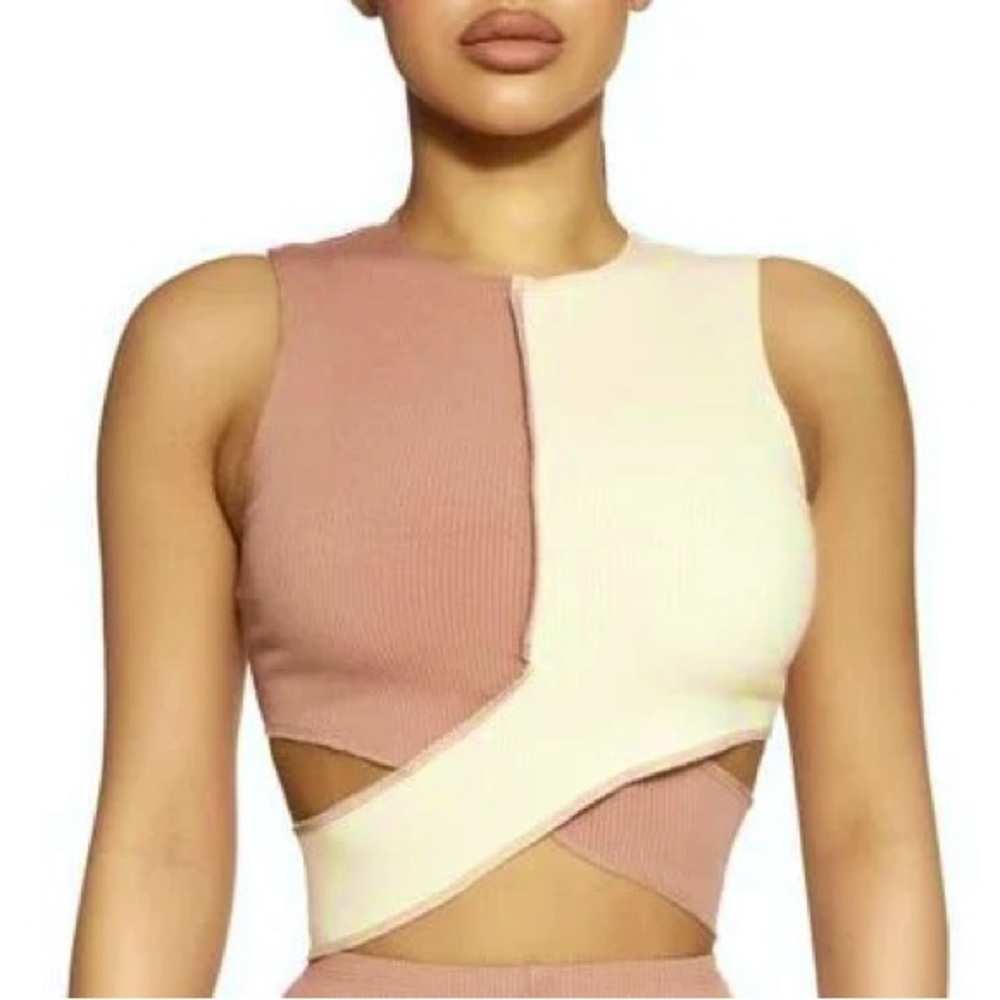 NEW Size L Naked Wardrobe Brown Beige Criss Cross Ribbed Sleeveless Crop Top